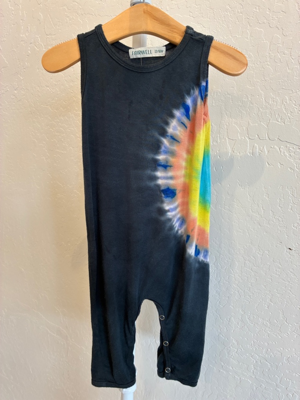 Fairwell Black Tank Romper with Rainbow Tie-Dye Burst
